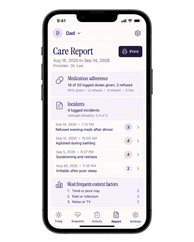 Actual printed report screen, sample entries