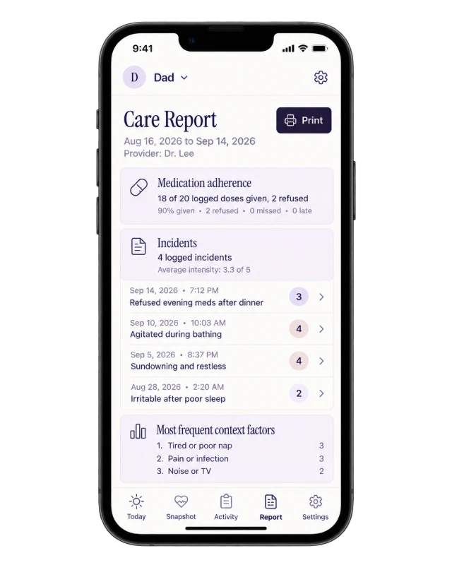 Actual doctor report screen with illustrative sample entries