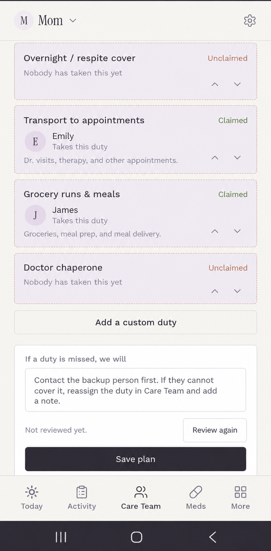 Real Care Team interface showing claimed and unclaimed caregiver duties, a custom duty button, and a contingency plan with illustrative entries