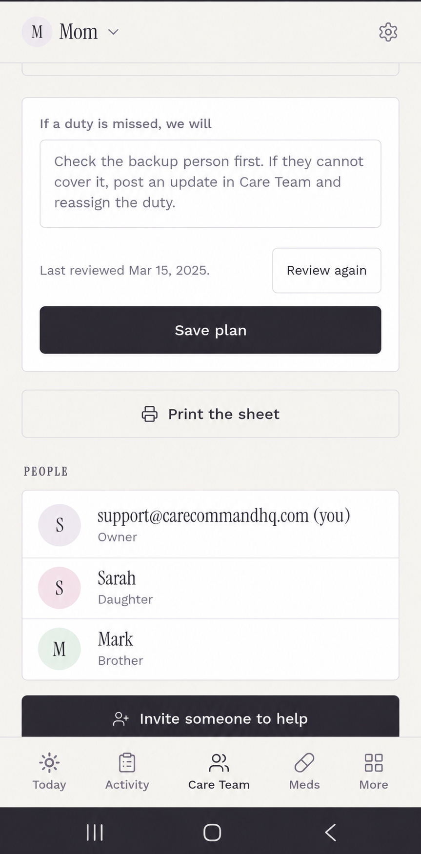 Care Team plan and people screen with illustrative family names, a contingency plan, and an invite someone to help button