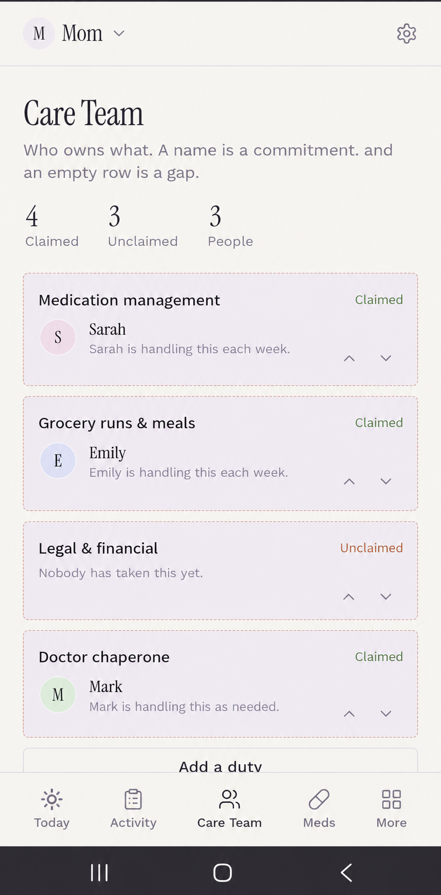 Actual Care Command HQ Care Team app interface with sample family assignments, four claimed tasks and three unclaimed tasks