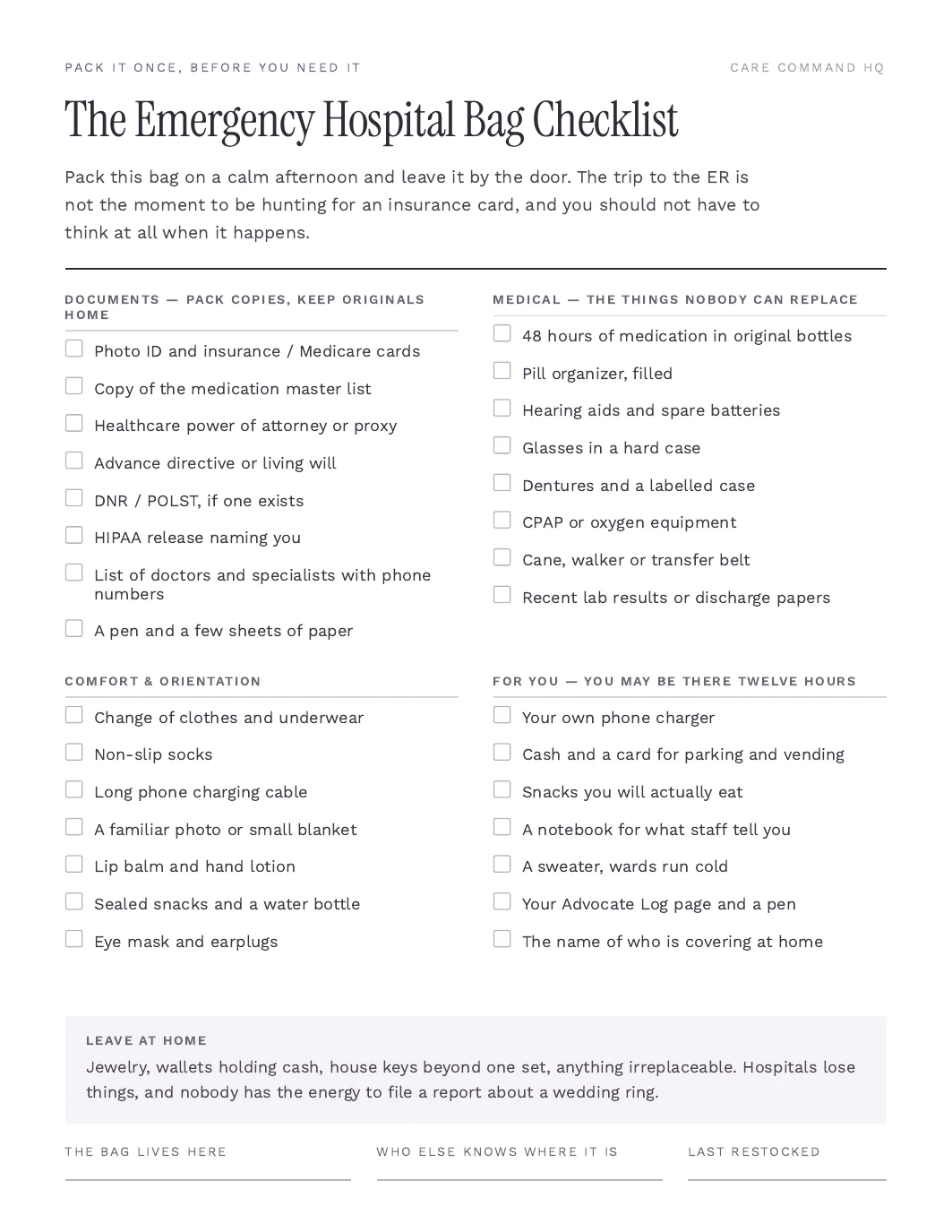 Preview of the first page of the free three-page Emergency Hospital Bag Checklist